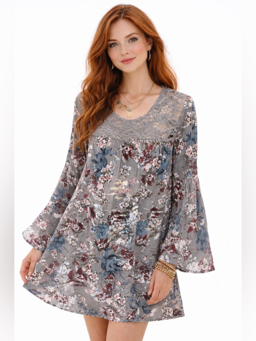 Umgee Boho Floral Tunic Dress Lace Yoke Bell Sleeve Flowy Hippie Top Medium